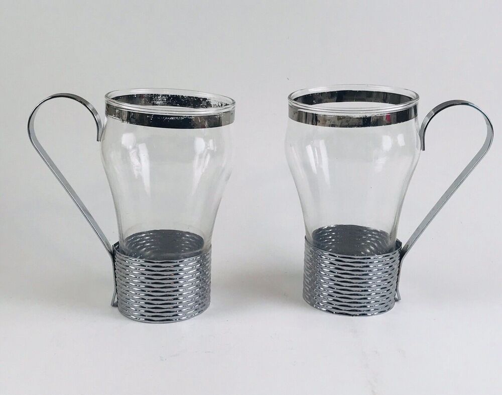 Vintage Federal Glass tumblers silver Colored handle MCM Cup Modern Mid Century